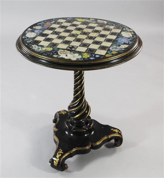 A Victorian ebonised and parcel gilt circular table, W.2ft